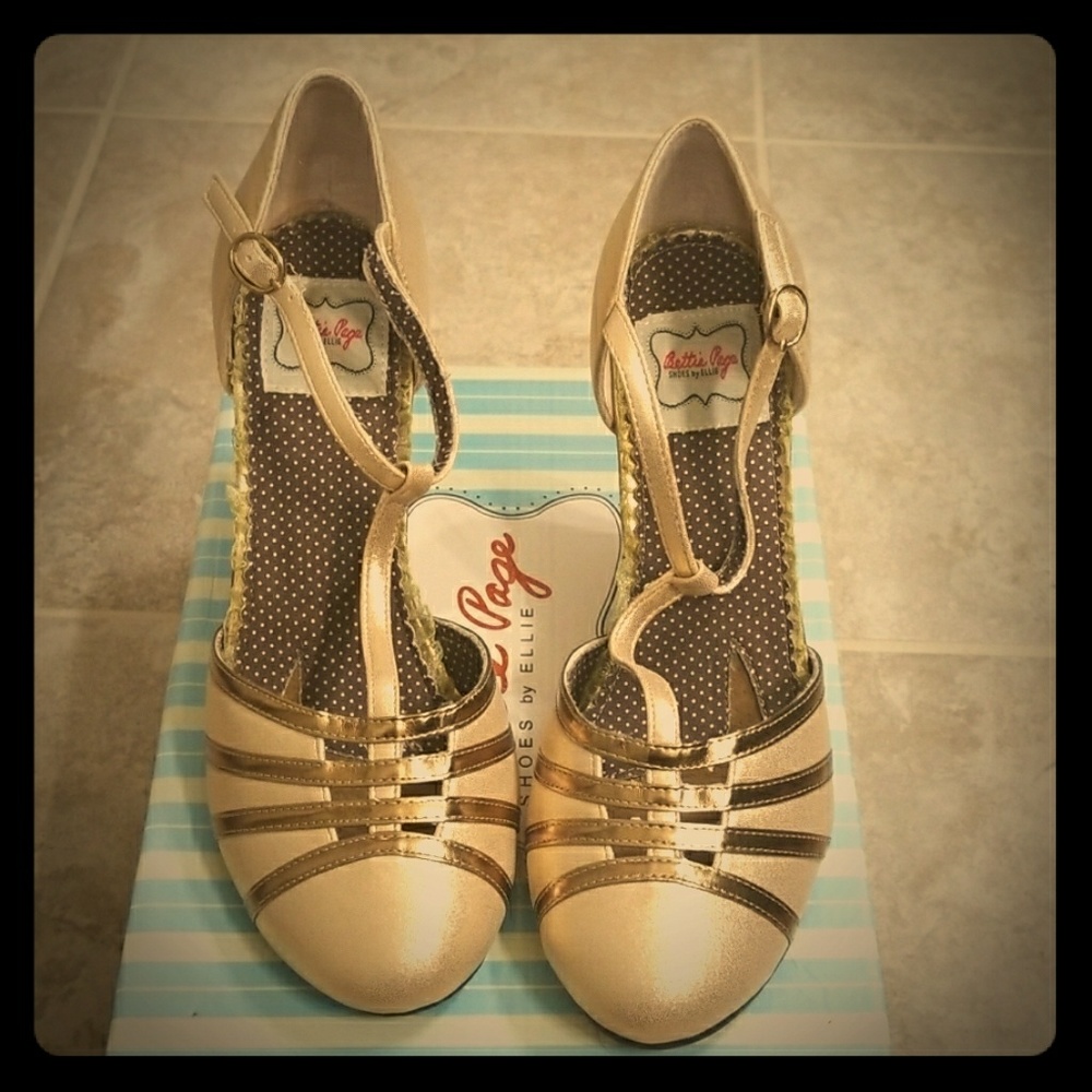 Gold T-Strap Heels New with Box